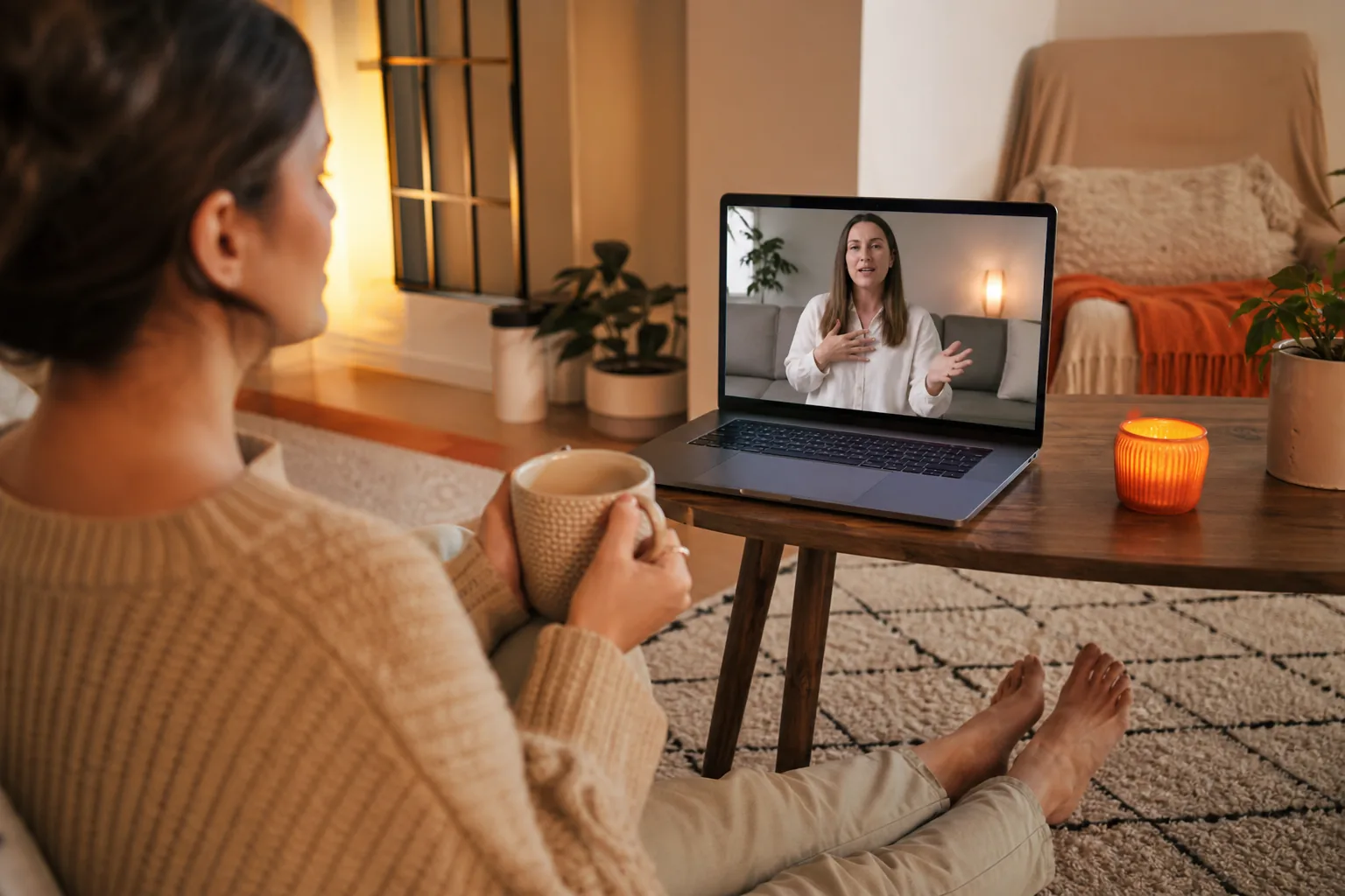 online therapist teaching mindfulness and grounding for anxiety