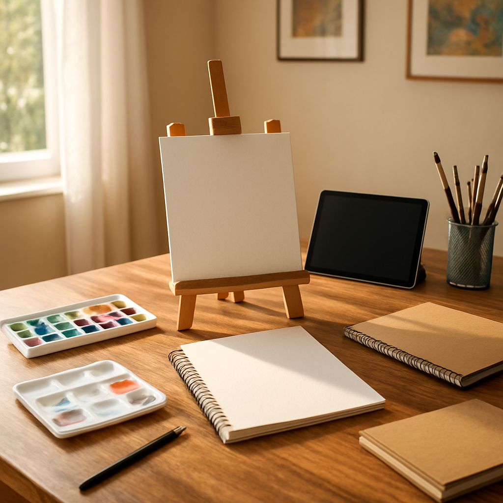 A bright, sunlit home art studio with a small easel, watercolor paints, a tablet, and sketchbooks scattered on a wooden table. Alt: Choosing the right medium for online art classes – home studio setup.