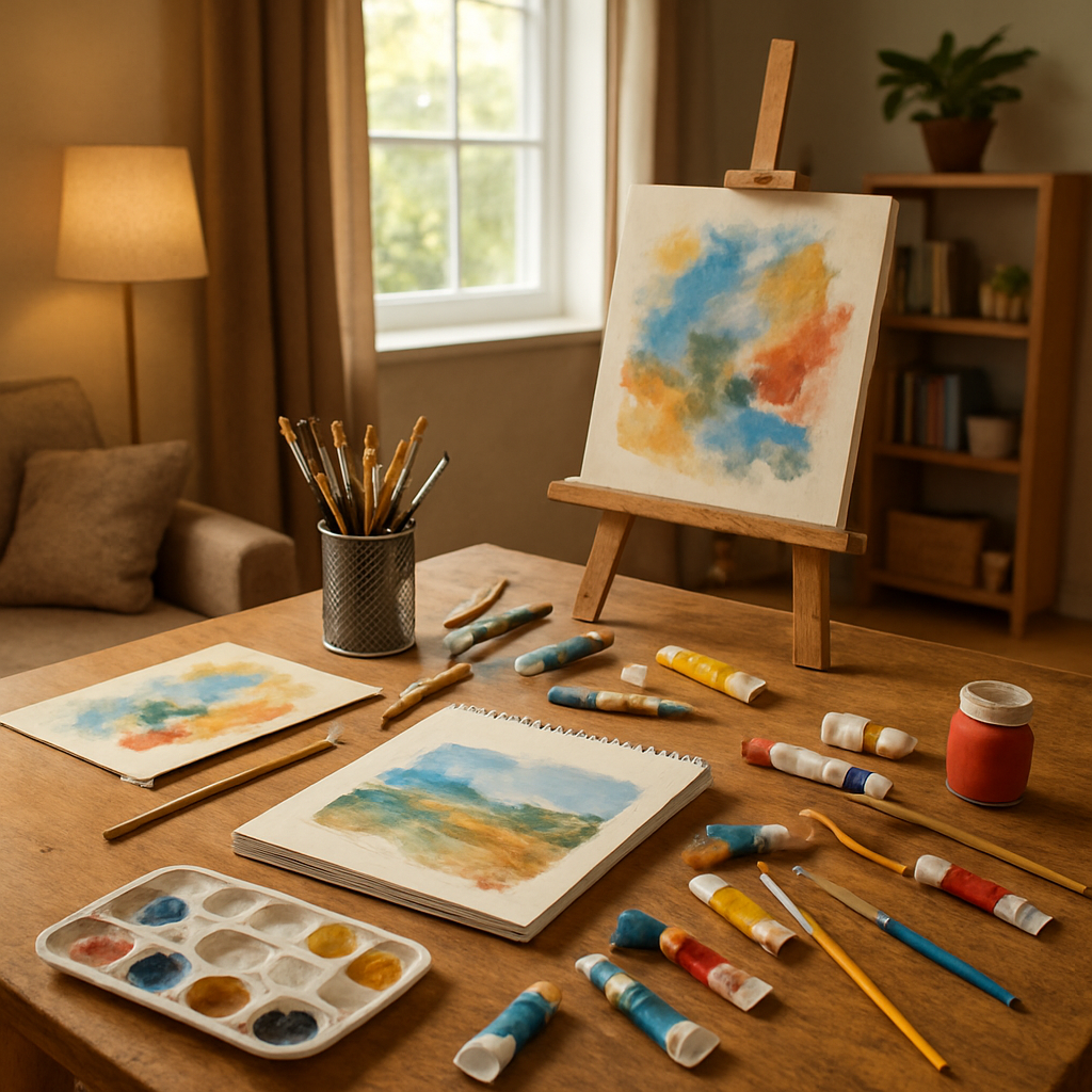 A cozy home studio with budget art supplies spread on a table. Alt: Budget-friendly online art classes for adults