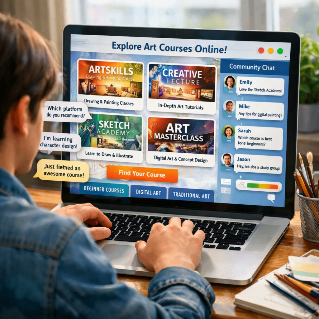 A realistic style illustration of a person sitting at a laptop, browsing art course platforms, with a bright UI and community chat bubbles visible. Alt: online art course platform selection guide