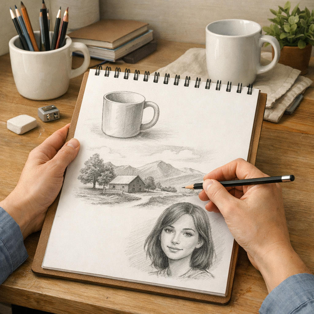 A realistic style scene of a beginner artist drawing a simple mug, a landscape, and a portrait on a sketchpad, with soft lighting and a tidy workspace. Alt: beginner-friendly drawing project ideas