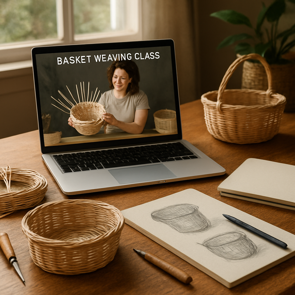 A photorealistic scene of a cozy home workspace with a laptop open to an online basket weaving class, a basket‑weaving kit laid out on the table, sketch pads with charcoal pencil designs, and natural light streaming in, capturing the calm yet creative atmosphere. Alt: online basket weaving classes home studio setting.