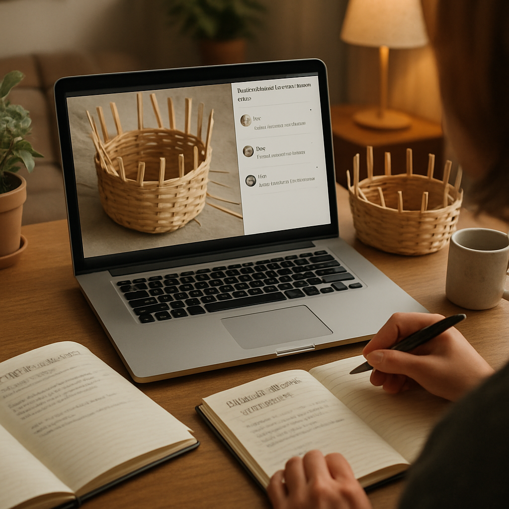 A photorealistic scene of a cozy home workspace where a person is reviewing a basket weaving project on a laptop, surrounded by a small community forum chat window on the screen, a journal open with progress notes, and a half‑finished woven basket on the table. Alt: online basket weaving classes community feedback progress tracking