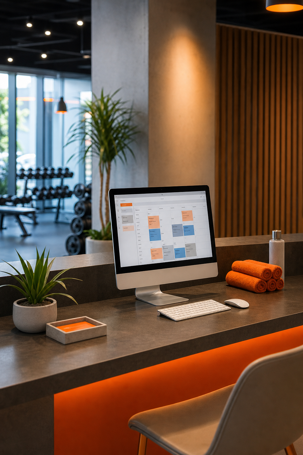 A modern fitness studio lobby with a reception desk and a computer screen showing a class schedule interface. Alt: Steams Online booking software interface on a tablet in a fitness studio