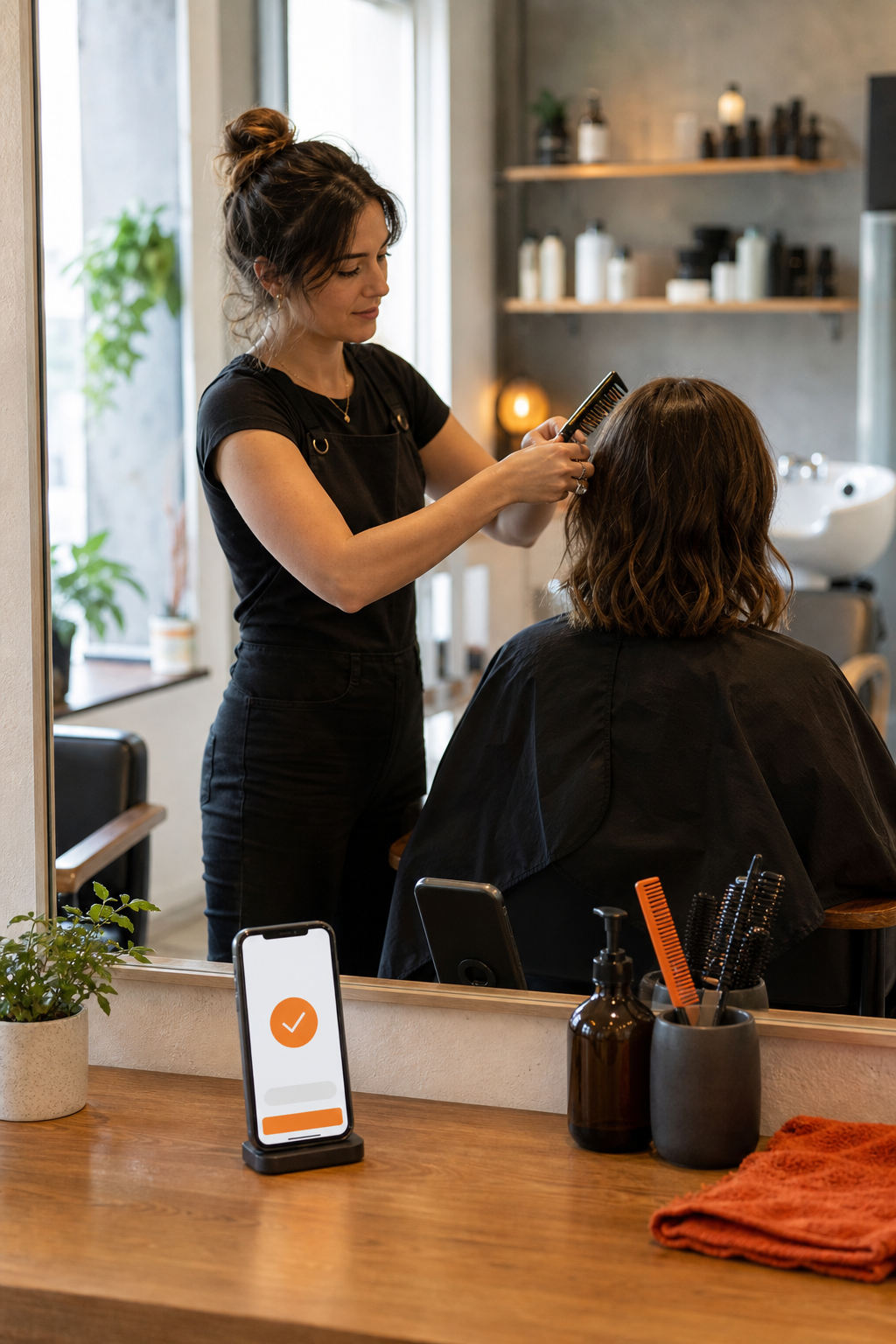 A solo hairstylist working in a small salon, with a smartphone on the counter showing a booking confirmation. Alt: Square Appointments software on a smartphone in a salon