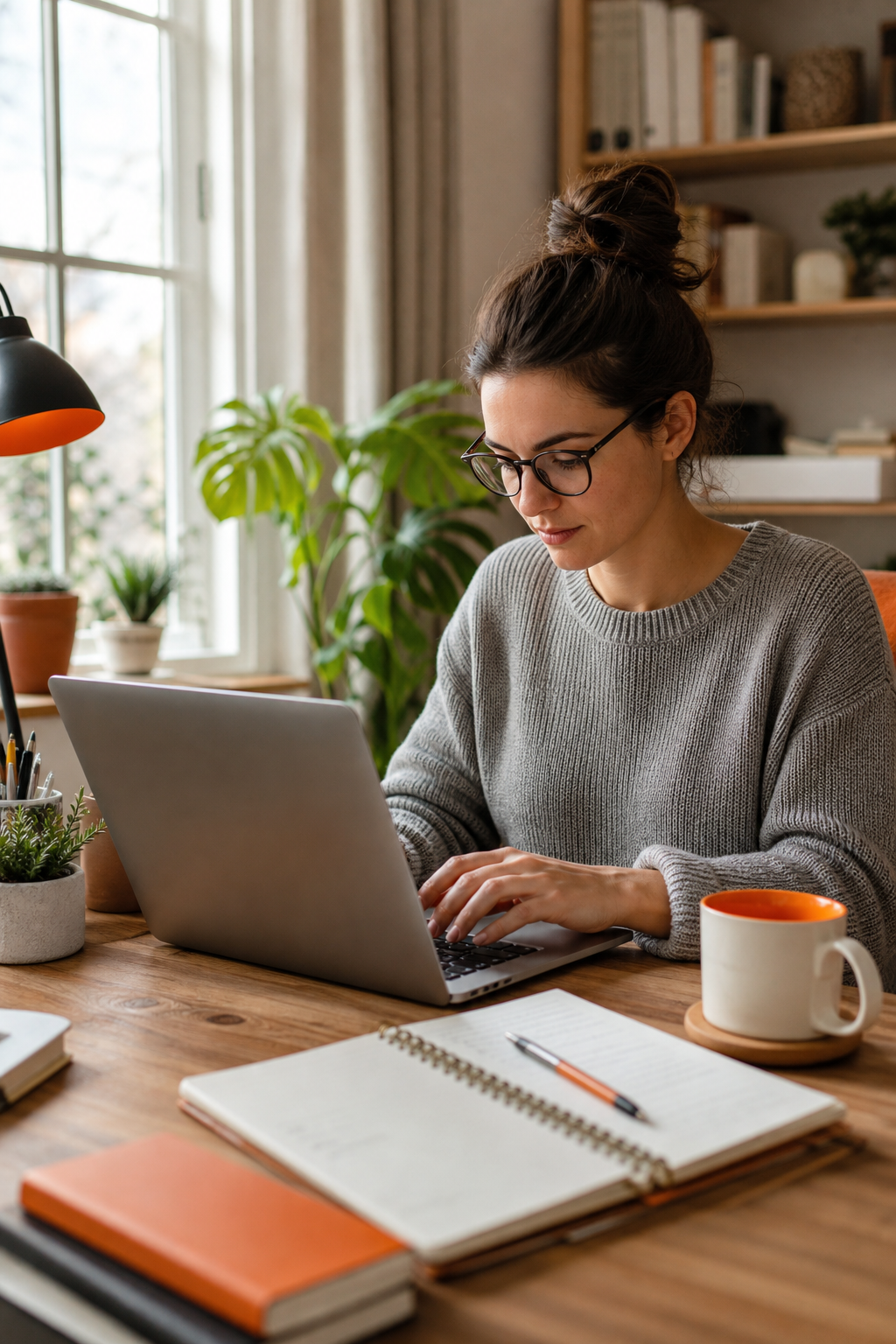 A cozy home office setup with a laptop, notebook, and coffee mug on a wooden desk, soft natural light from a window. Alt: Freelance writer working from home on a laptop