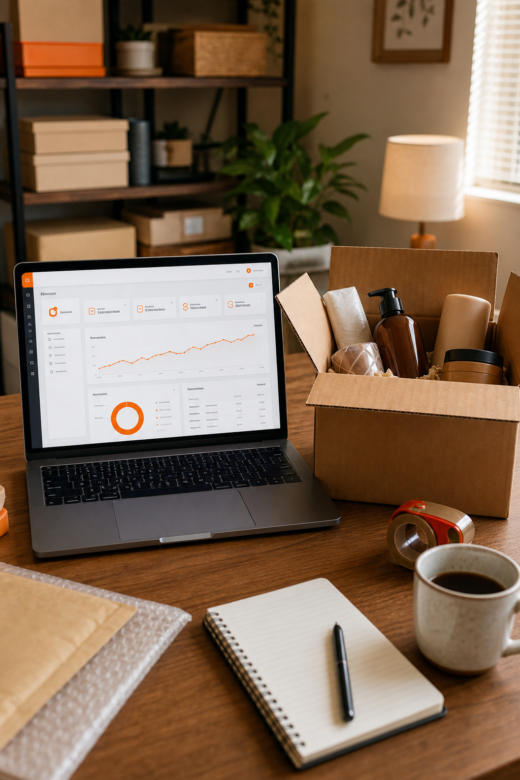 A dashboard on a laptop screen with an open cardboard box of products next to it, home office background. Alt: E-commerce home business with online store and product packaging