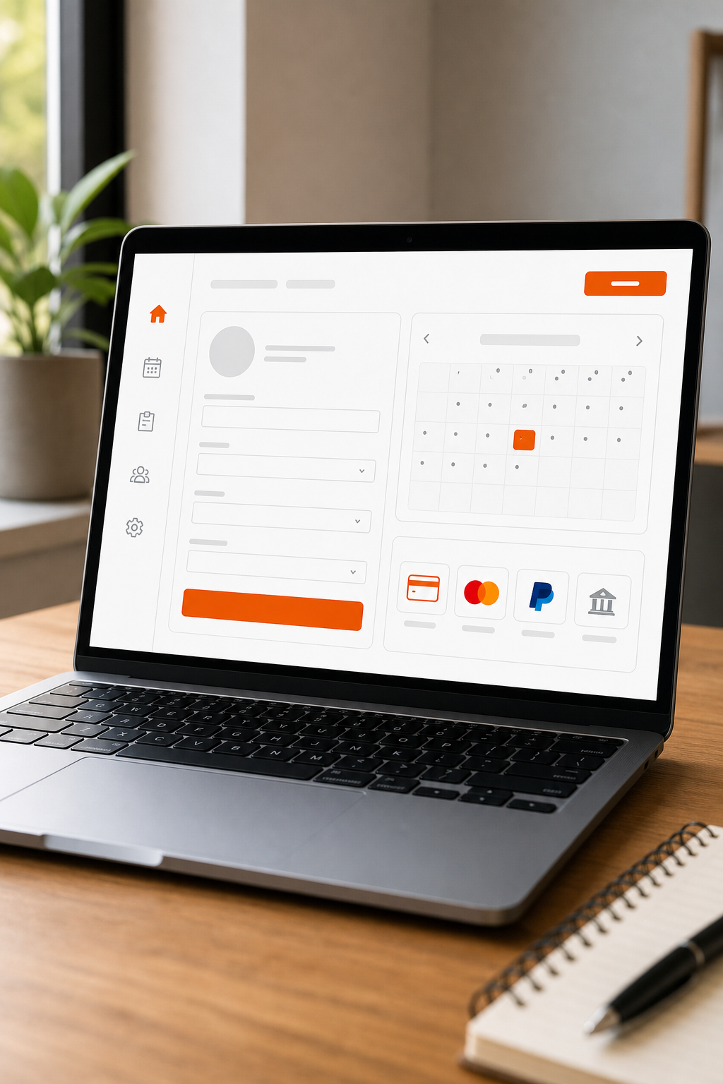 A clean, modern registration interface on a laptop screen, with a calendar and payment icons in the background. Alt: Online class registration software dashboard on laptop