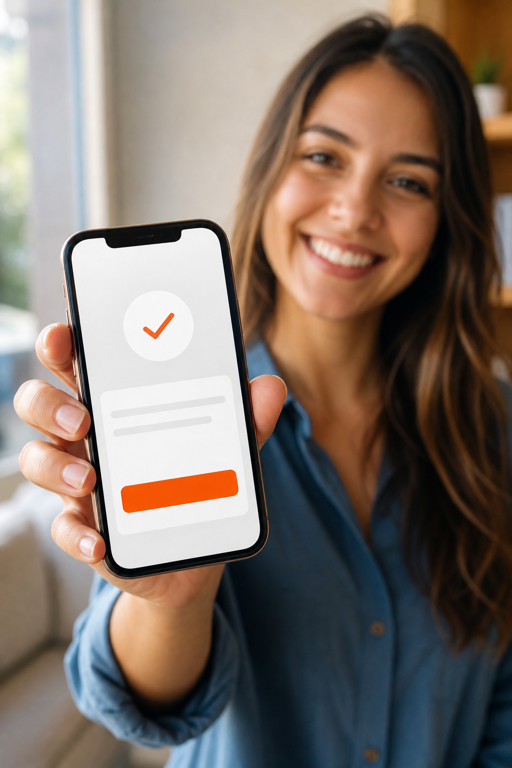 A mobile phone showing an appointment booking confirmation screen with a smiling user in the background. Alt: Mobile booking confirmation for class registration software