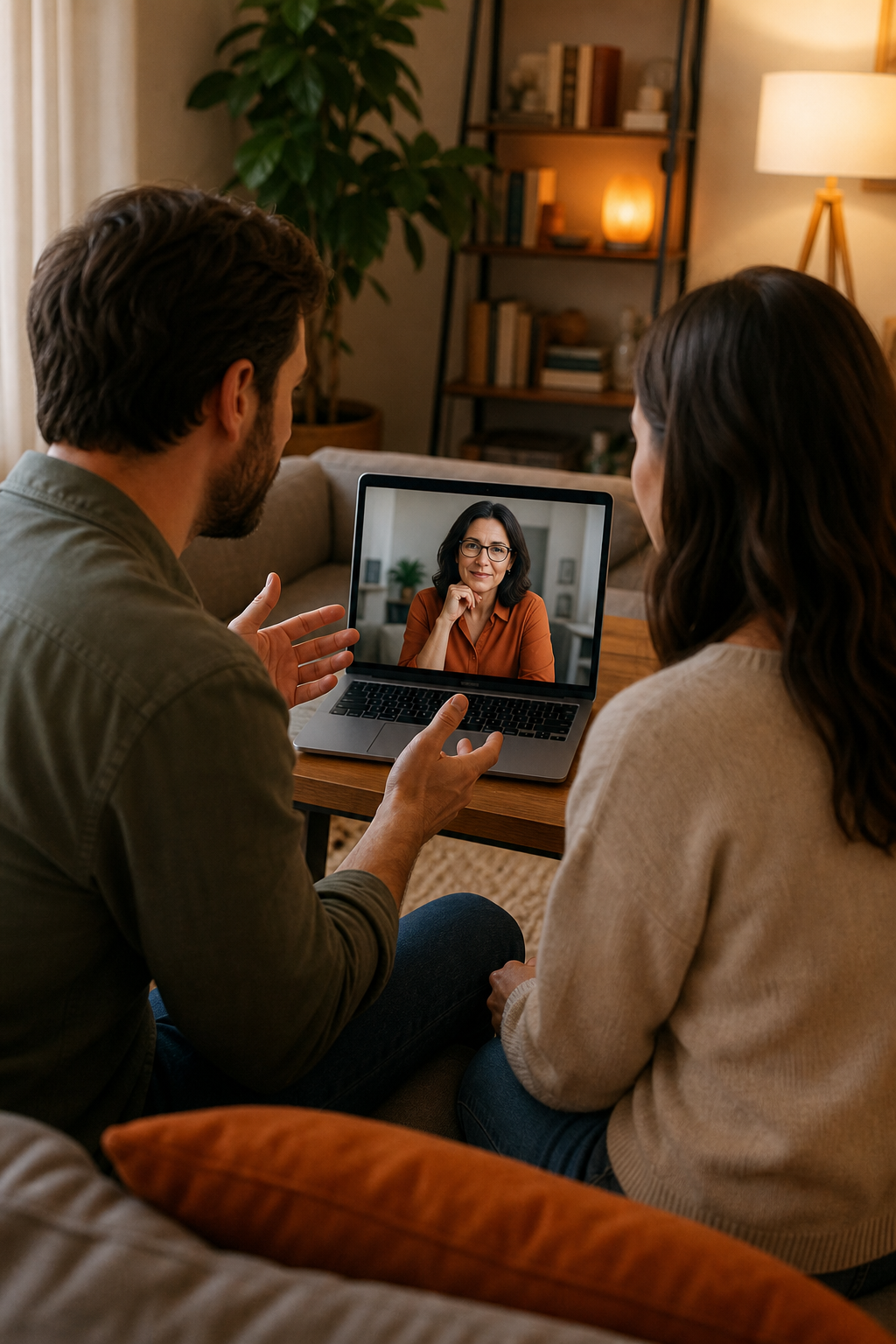 A realistic illustration of a couple video‑chatting with a therapist on a laptop, warm home setting, natural lighting, showing engaged conversation and supportive atmosphere. Alt: online couples counseling session.
