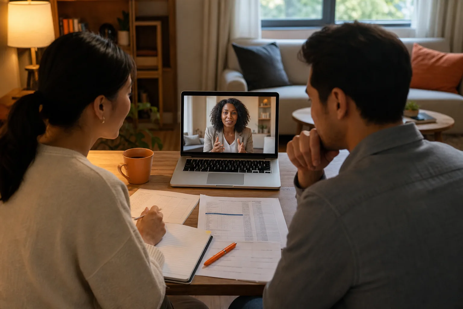 couple planning insurance and monthly budget for online counseling
