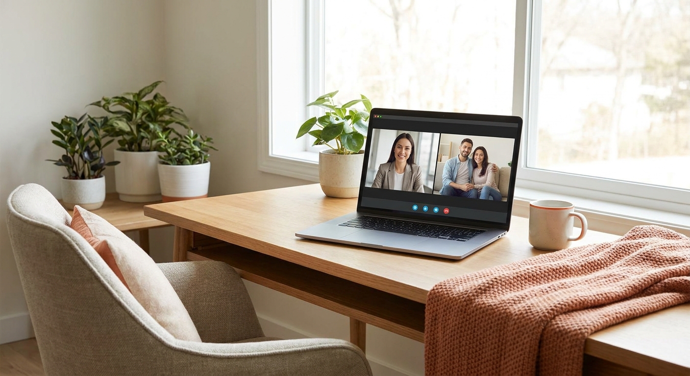 A warm, modern home office with a laptop showing a video call between a therapist and a couple, soft natural light, realistic style. Alt: online couples therapy video session