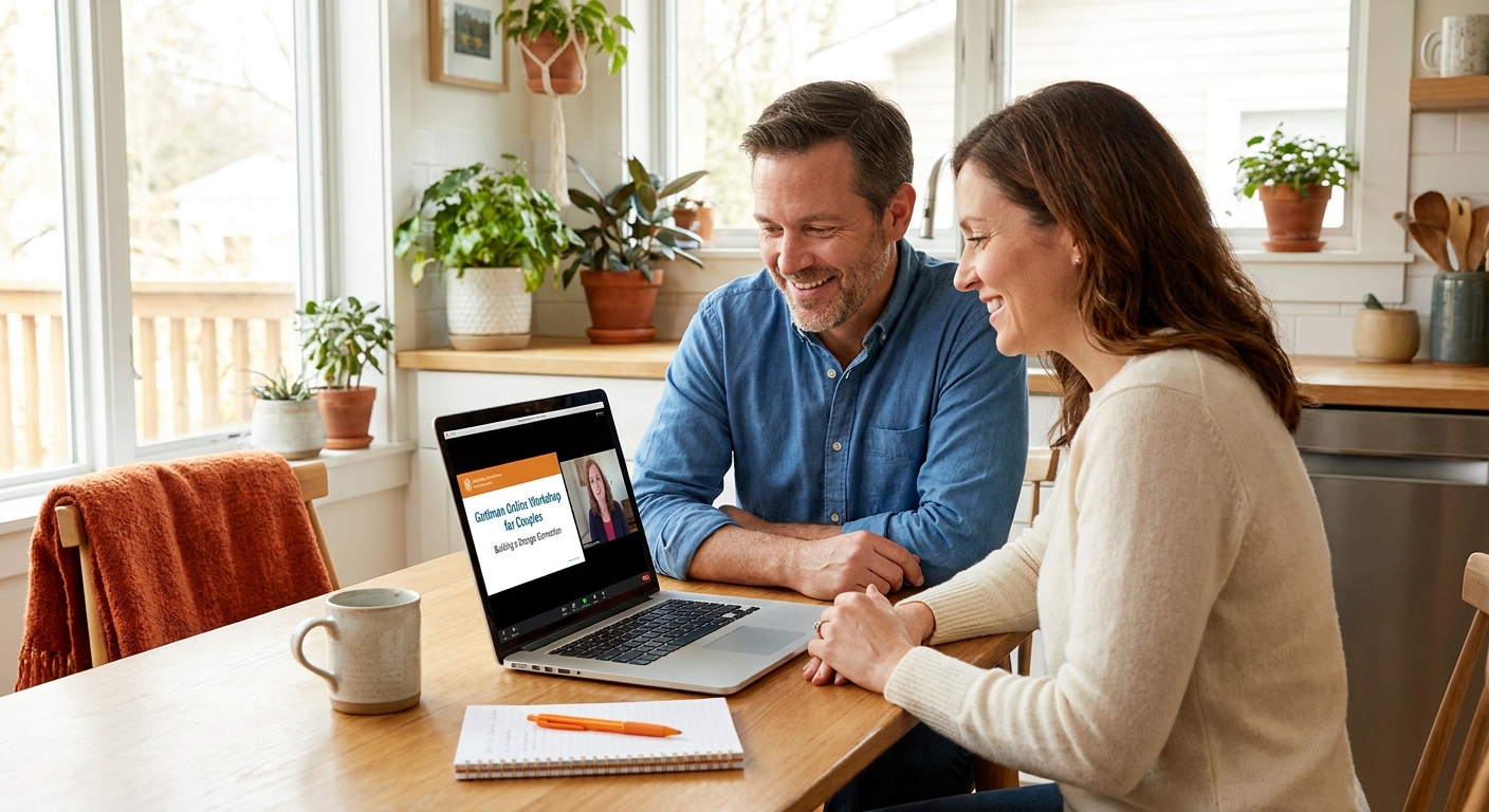 A couple sitting at a kitchen table with a laptop open to an online relationship workshop, bright and inviting. Alt: Gottman online workshop for couples