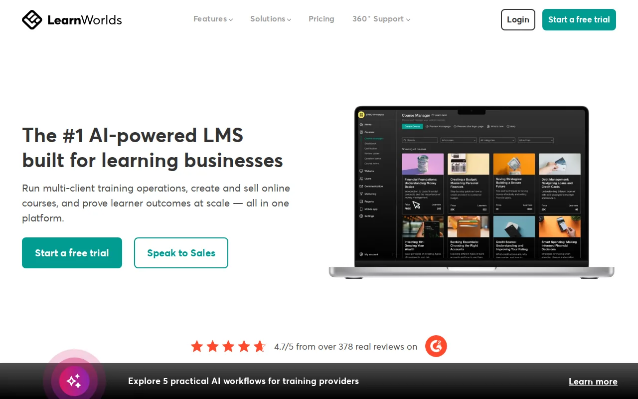 Screenshot of the LearnWorlds website