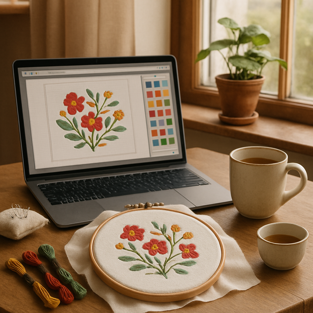 A cozy home stitching nook with a laptop showing embroidery software, a hoop with a half‑finished floral design, and a cup of tea. Alt: Beginner stitching workspace with online embroidery platform on screen.