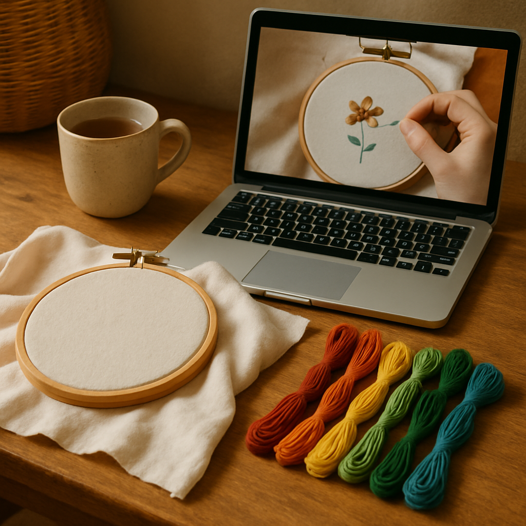 A cozy stitching nook with a wooden hoop, fabric, thread bundles, a laptop showing an embroidery tutorial, and a cup of tea. Alt: Beginner’s embroidery workspace setup for online embroidery classes for beginners.