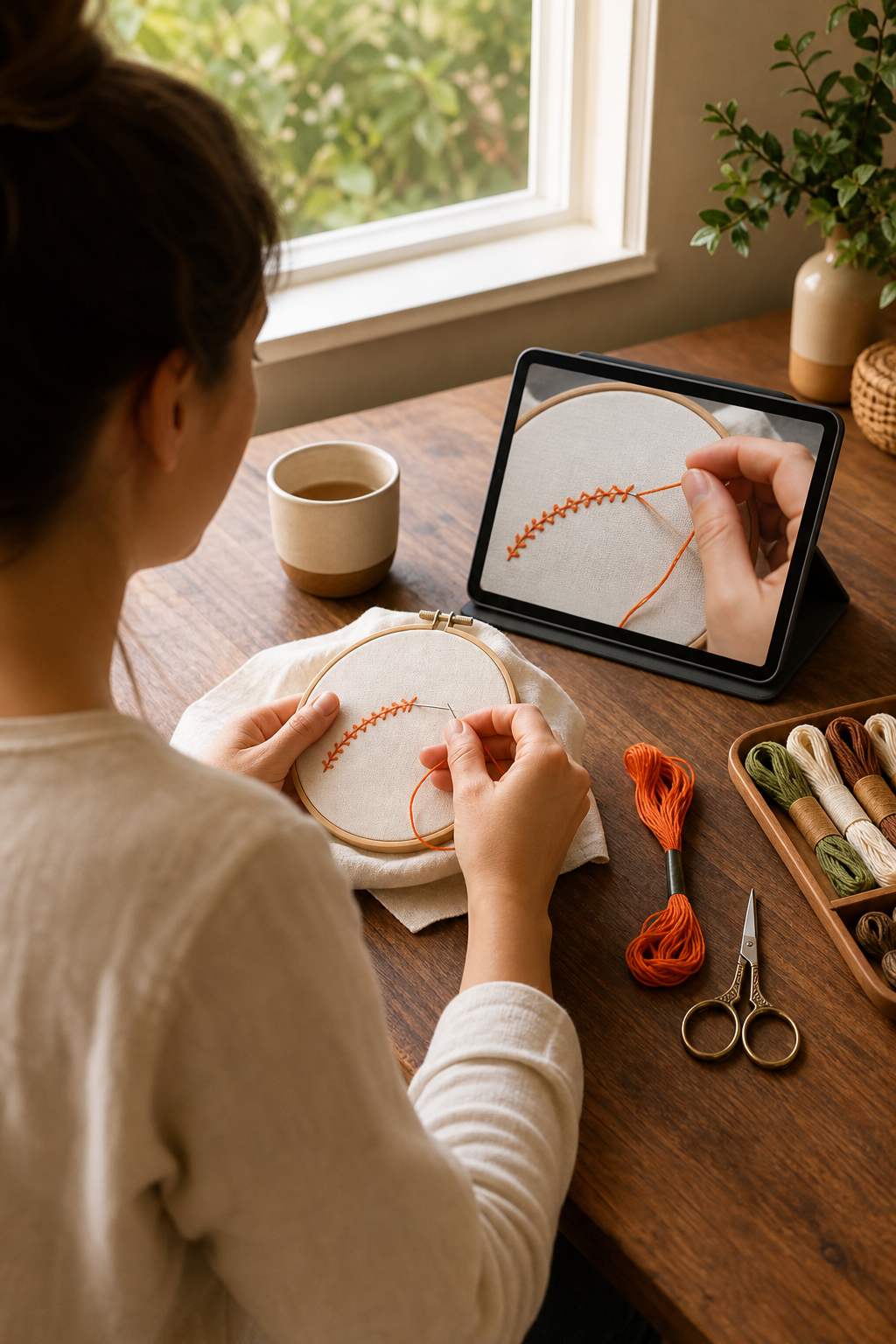 A realistic scene of a person sitting at a desk with a tablet playing an embroidery tutorial, a hoop, floss, and scissors on the table, warm natural lighting. Alt: Online embroidery stitch patterns course tutorial on tablet with supplies.