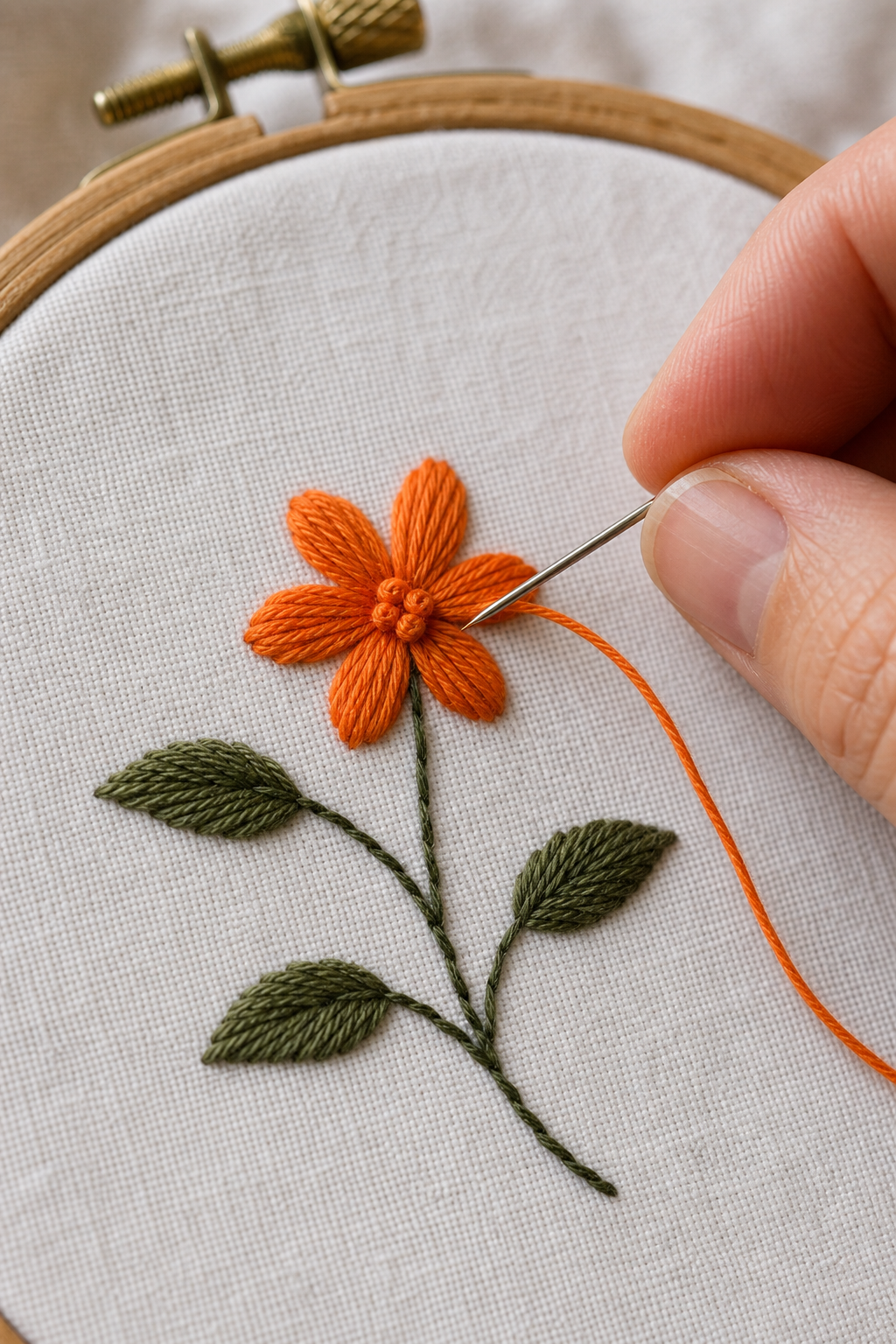 A close-up of a hand stitching a simple floral pattern with satin-stitch petals, backstitch stem, and French knot center, on a white cotton fabric. Alt: Practicing satin stitch and French knot in a simple flower pattern.