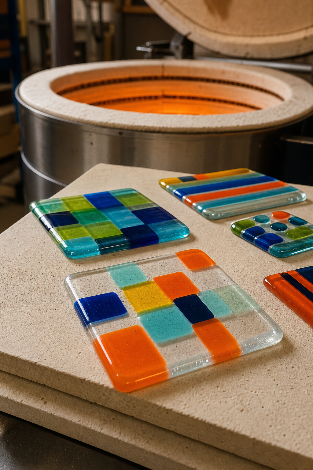 A photorealistic close-up of colorful fused glass pieces on a kiln shelf, with a kiln in the background, warm lighting, realistic style. Alt: Glass fusing beginner project - colorful fused glass coaster on kiln shelf.