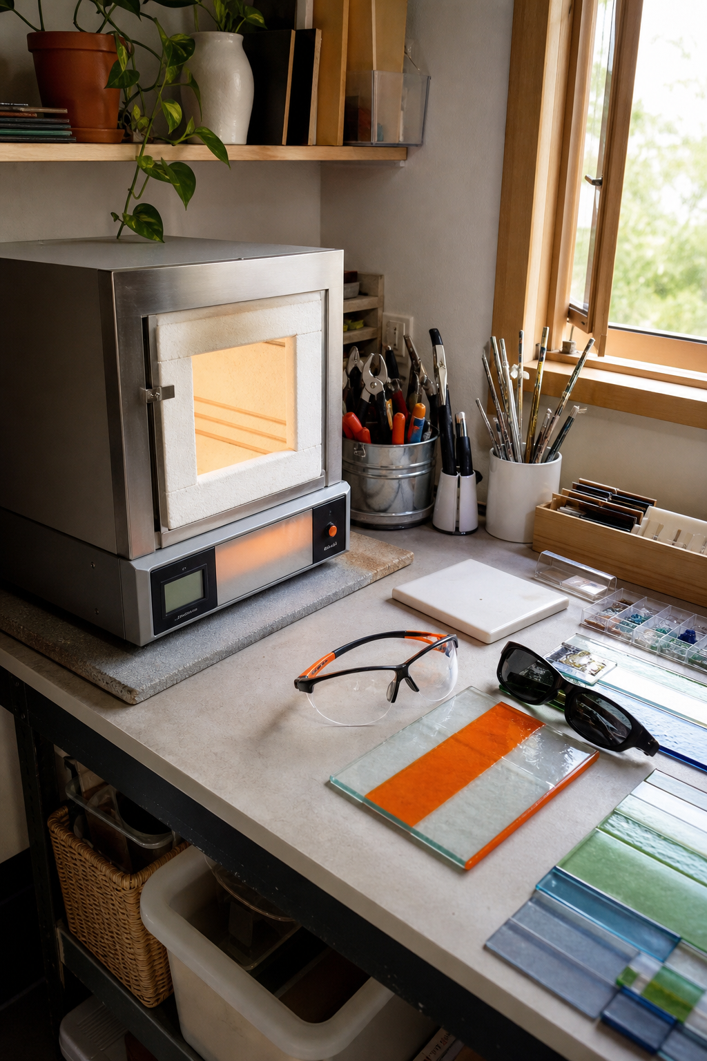 A photorealistic view of a home workspace for glass fusing: a sturdy table with a kiln on a heat-resistant mat, safety glasses and tools organized nearby, window open for ventilation, realistic style. Alt: Safe glass fusing workspace at home with kiln and safety gear.