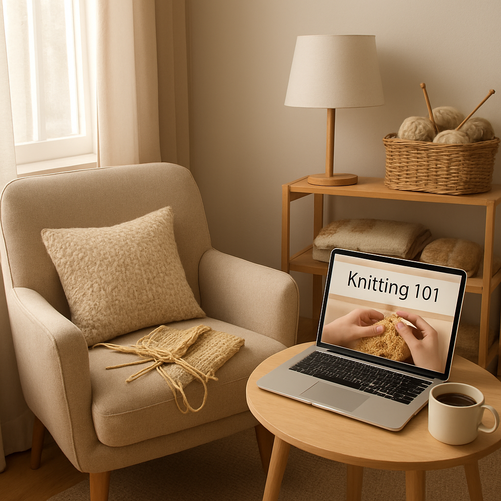 A bright, inviting home knitting nook with a comfortable chair, good lighting, a cup of coffee, and a laptop displaying an online knitting class. Alt: Cozy knitting workspace for beginners choosing an online platform.