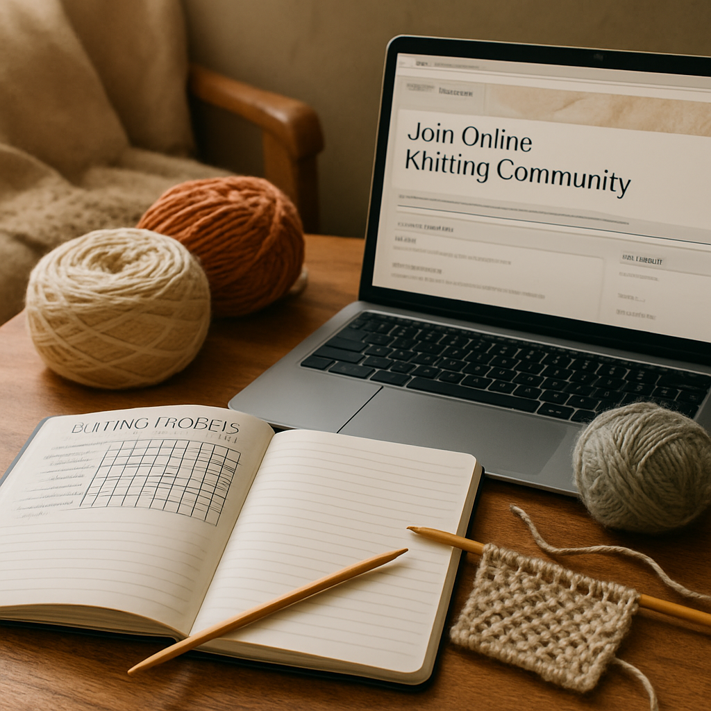 A cozy knitting nook with a notebook open, yarn skeins, needles, and a laptop displaying a knitting community forum. Alt: tracking knitting progress and joining online knitting community