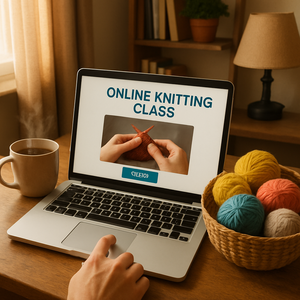 A cozy home office with a laptop open to an online knitting class, a steaming mug of tea, and a basket of colorful yarns. Alt: Beginner choosing an online knitting platform with coffee and yarn.