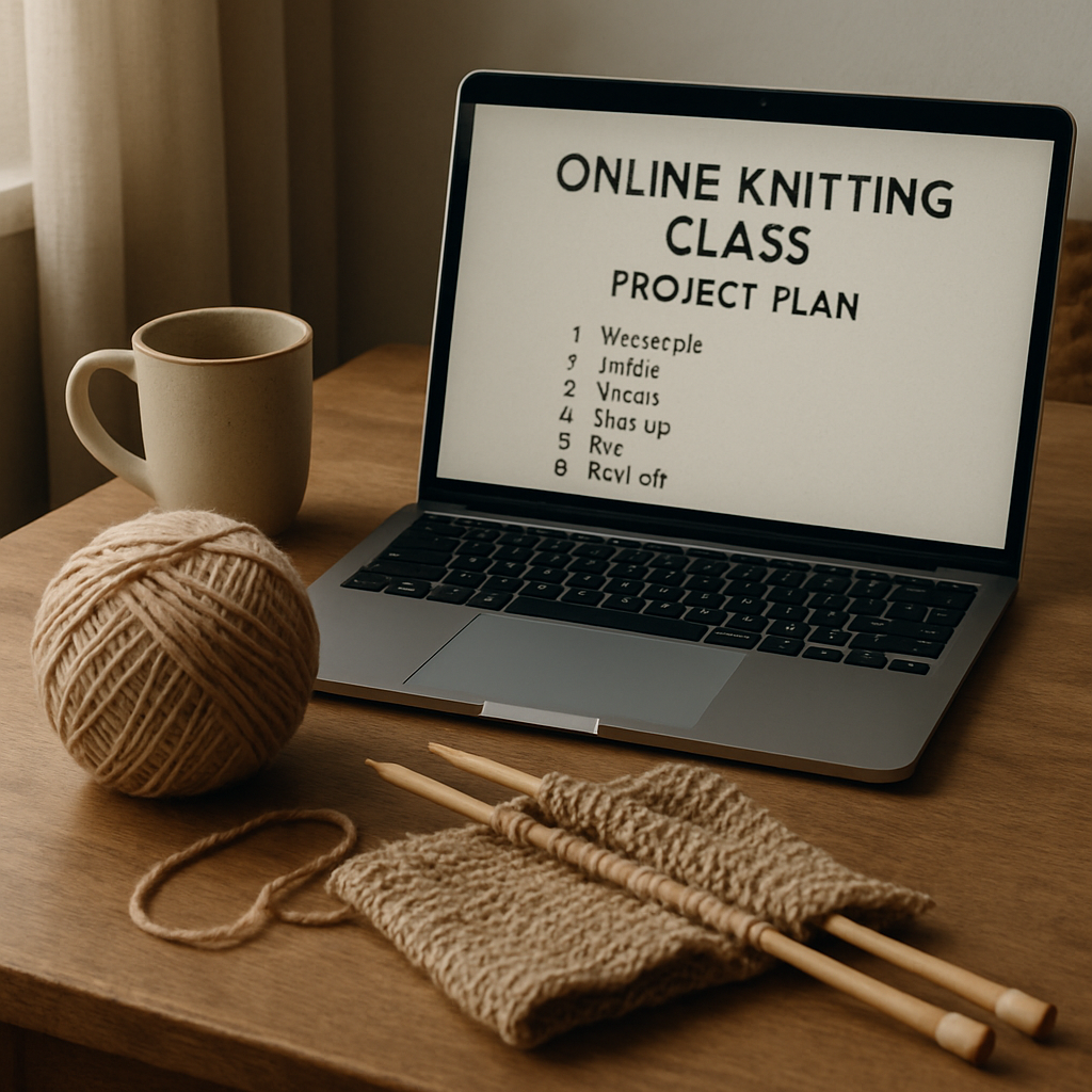 A cozy knitting workspace with a laptop displaying a project plan, yarn ball, and needles neatly arranged. Alt: online knitting classes for beginners project planning.