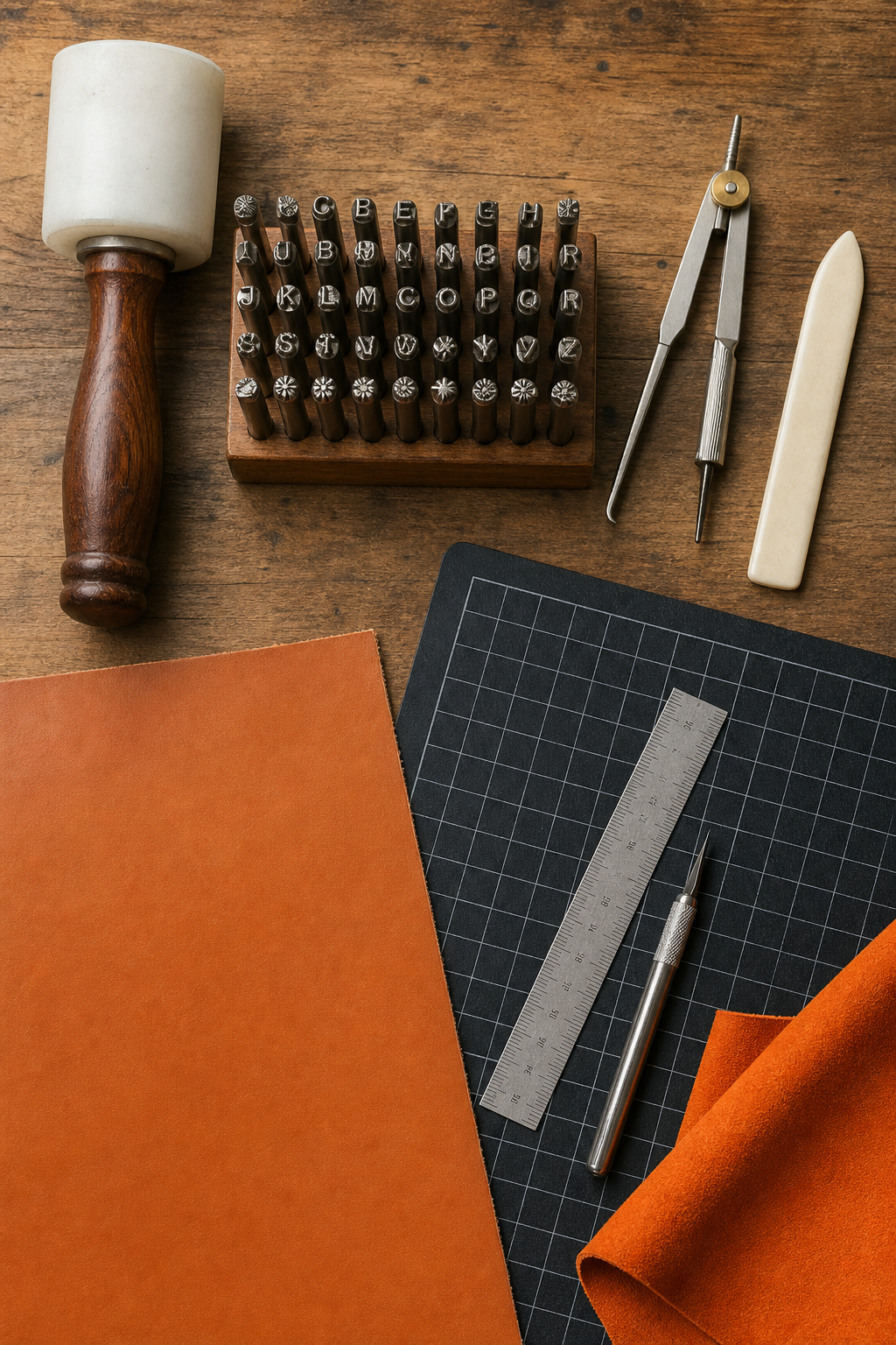 A realistic top-down view of leather stamping tools laid out on a wooden workbench: a mallet, a set of alphabet and design stamps, a swivel knife, a bone folder, a cutting mat, a ruler, and a piece of vegetable-tanned leather. Natural lighting. Alt: Leather stamping tools arranged on a workbench.