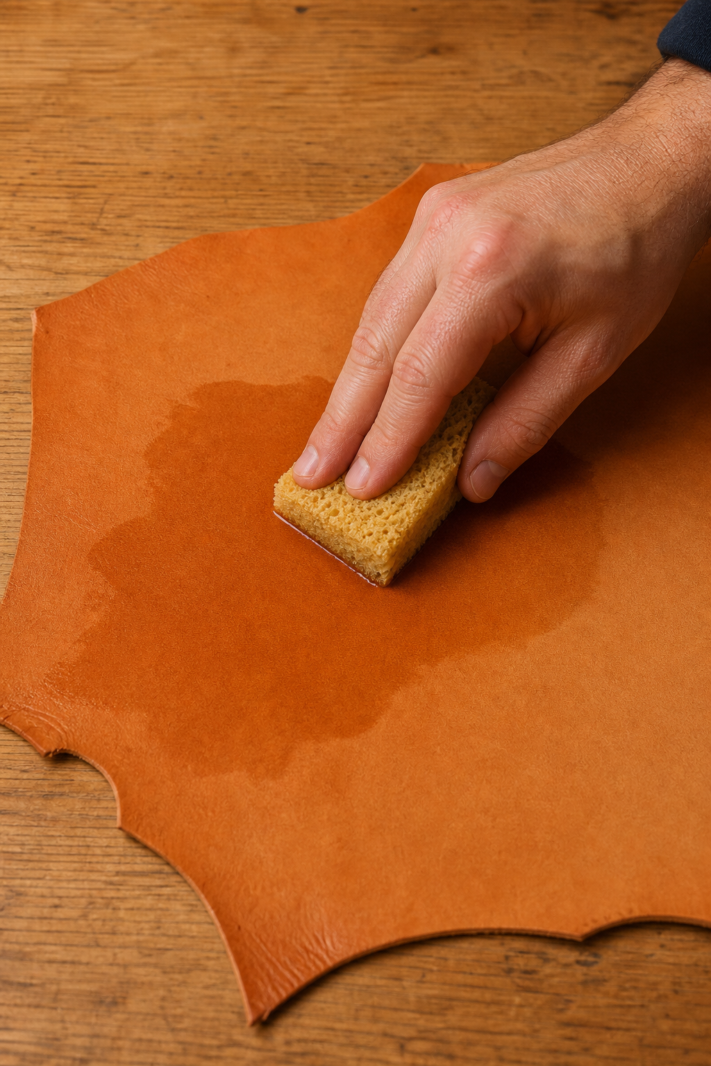 A realistic close-up of a hand damping a piece of vegetable-tanned leather with a sponge. The leather shows slightly darker wet spots. Background is a clean wooden table. Alt: Damping leather with a sponge before stamping.