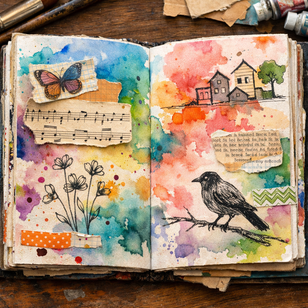 A realistic close‑up of a hand‑bound watercolor journal with splashed paints, collage paper pieces, and ink sketches spread across the pages. Alt: watercolor mixed media journal for beginners, vibrant textures, creative art notebook.