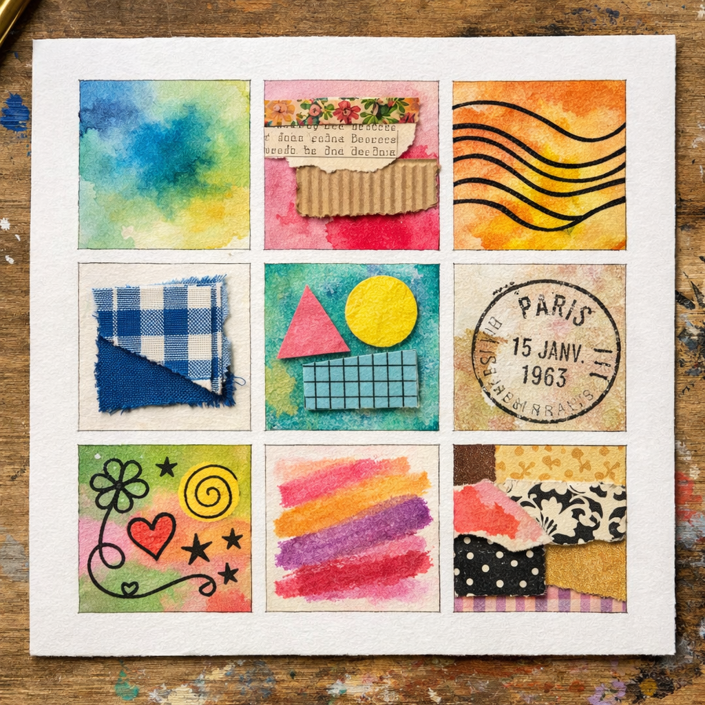 A realistic photo of a 3×3 printed grid on thick art paper with colorful mixed‑media squares , watercolor wash, collage bits, ink lines, pastel shading, fabric swatch, digital print, stamp imprint, and marker doodles. Alt: quick‑print mixed media grid for beginners, visual comparison of techniques.