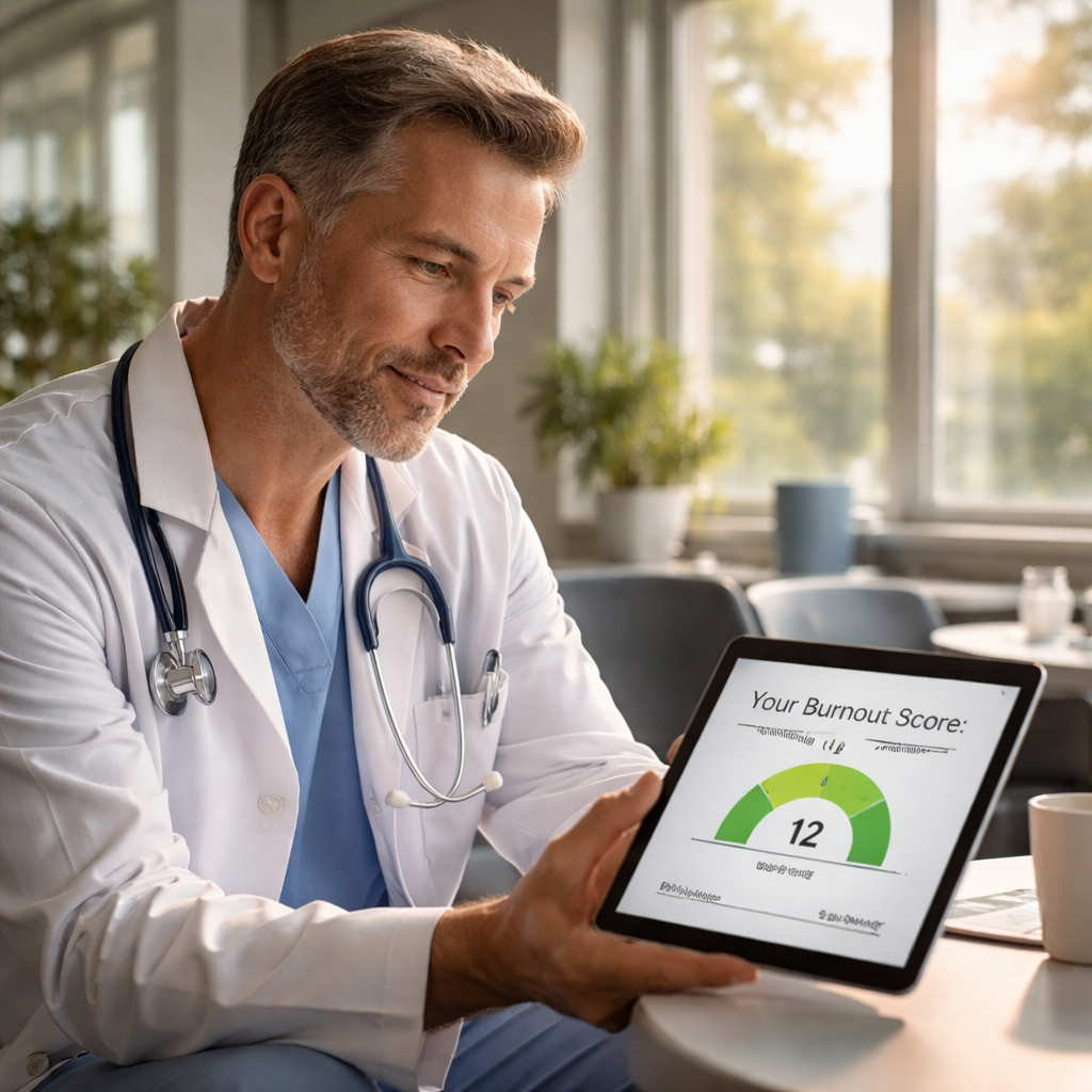 A cinematic, photorealistic scene of a physician in a modern hospital break room, holding a tablet displaying a burnout self‑assessment score, soft natural light streaming through windows, showing calm focus and relief. Alt: Online physician burnout self‑assessment in action.