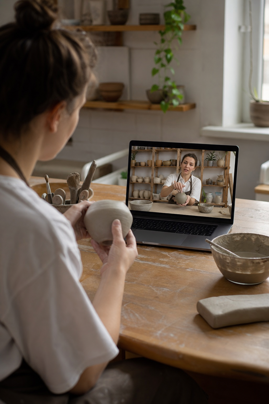 A photorealistic scene of a cozy home studio with a small pottery wheel, a laptop displaying an online pottery class, natural light streaming from a window, and a tidy workbench with clay, tools, and a cup of coffee. Alt: Home pottery studio set up for an online pottery class, realistic style.