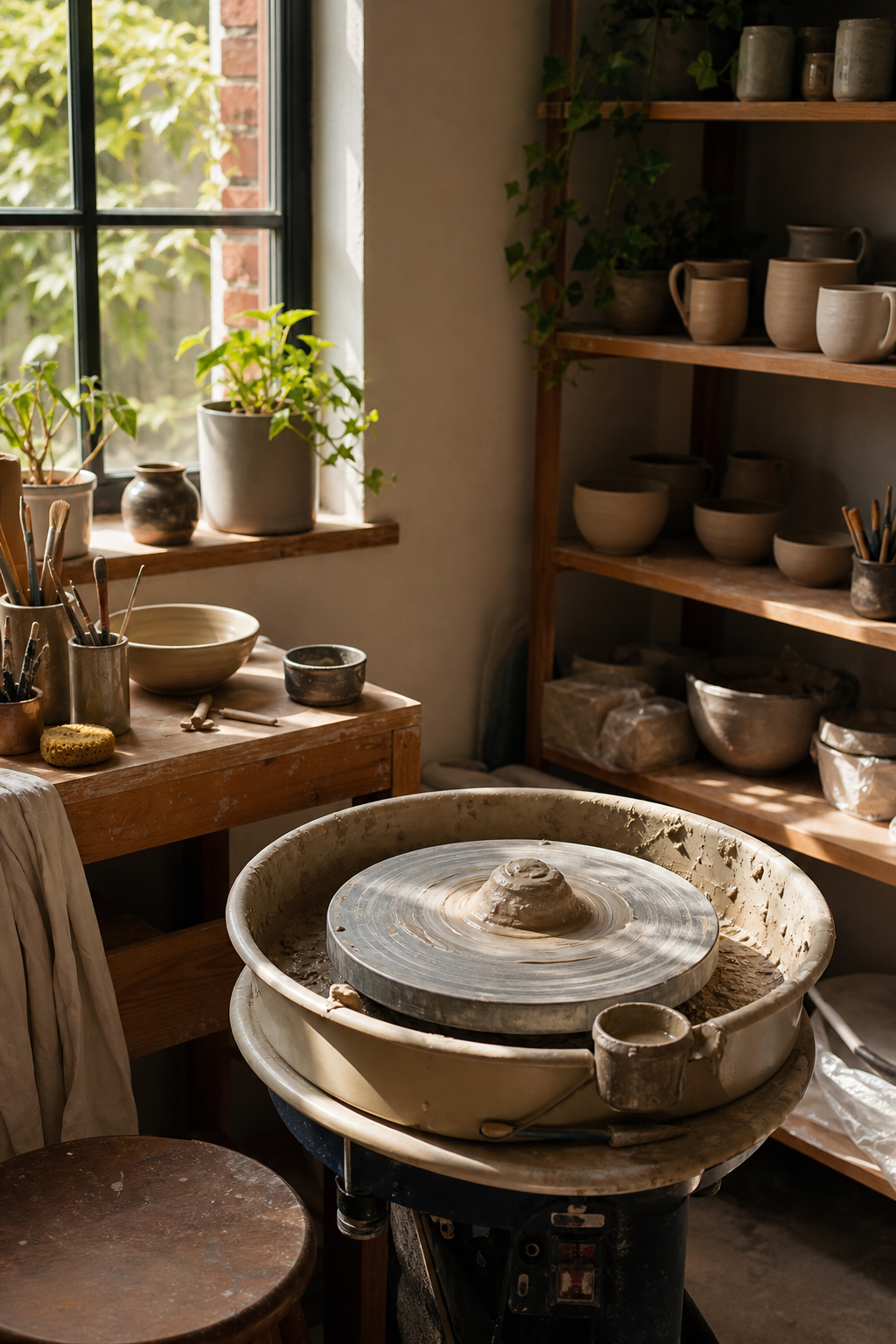 A photorealistic scene of a home pottery studio with a compact electric wheel, a phone on a tripod capturing a top‑down view of a bowl being thrown, warm natural light from a window, and a nearby laptop showing an online pottery class forum. Alt: Online pottery class practice and feedback loop in a cozy home studio.