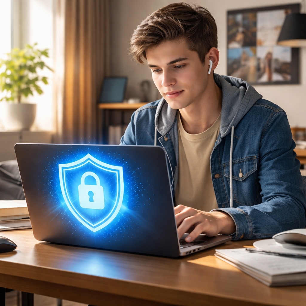 A photorealistic scene of a college student sitting at a desk, laptop open, with a glowing shield icon overlaying the screen, representing online privacy protection. Alt: Online privacy shield for young people in a realistic style.