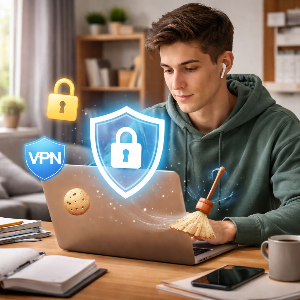 A photorealistic scene of a college student sitting at a desk with a laptop, a glowing shield icon over the screen, and privacy‑related icons like a lock, a VPN badge, and a cookie crumb being swept away. Alt: Realistic image showing practical privacy steps for young people.