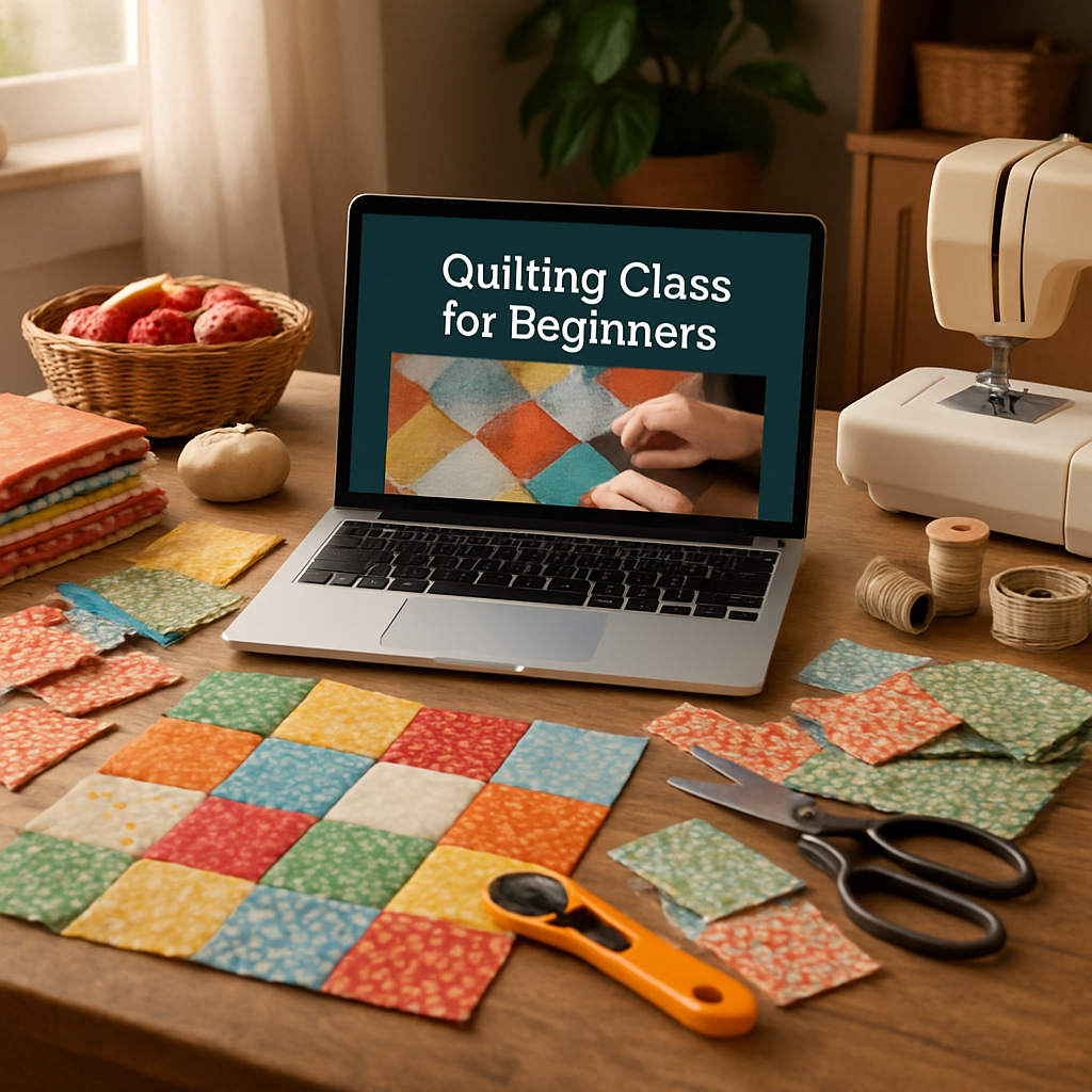 A cozy home quilting workspace with a laptop open to a quilting class, colorful fabrics spread around. Alt: online quilting classes for beginners