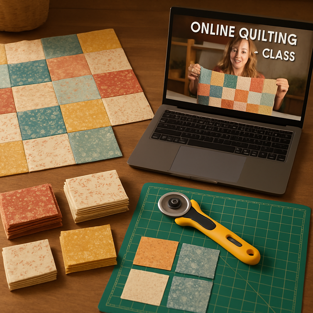 A cozy quilting workspace with a beginner’s quilt in progress, showing neatly cut fabric squares, a rotary cutter, and a laptop displaying an online quilting class. Alt: online quilting classes for beginners project guide