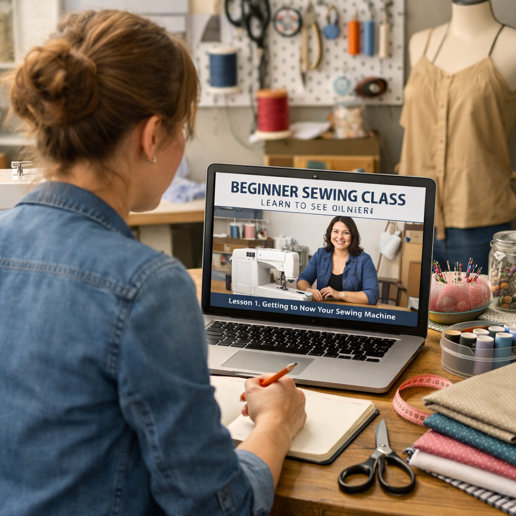 A photorealistic image related to online-sewing-courses-for-beginners. Alt: online-sewing-courses-for-beginners