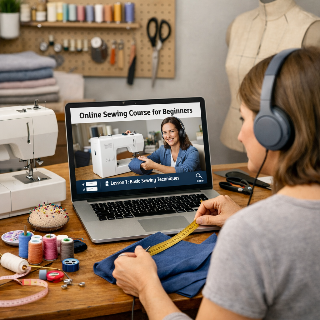 A photorealistic image related to online-sewing-courses-for-beginners. Alt: online-sewing-courses-for-beginners