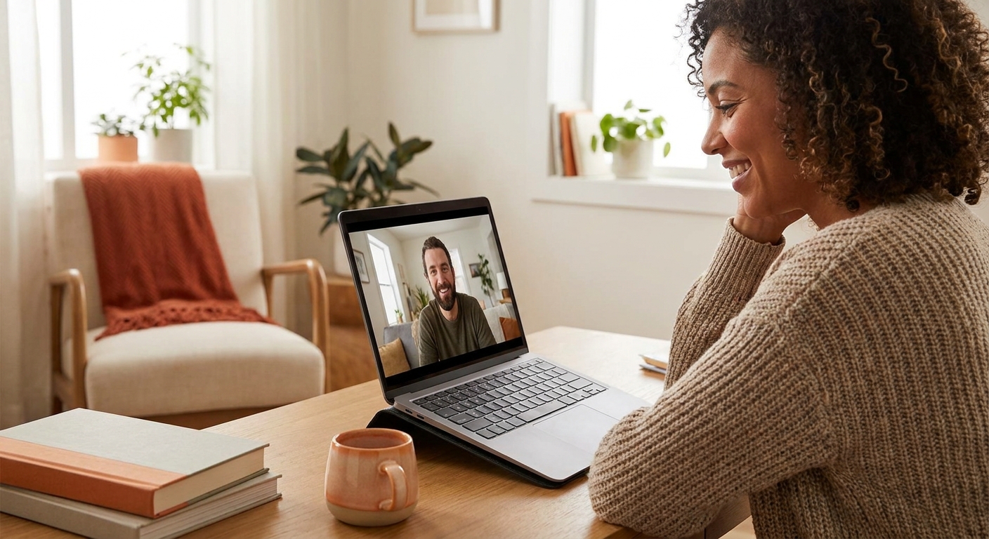 A warm, realistic scene of a therapist on a video call with a client, both smiling, in a cozy home setting. Alt: online therapy for panic attacks