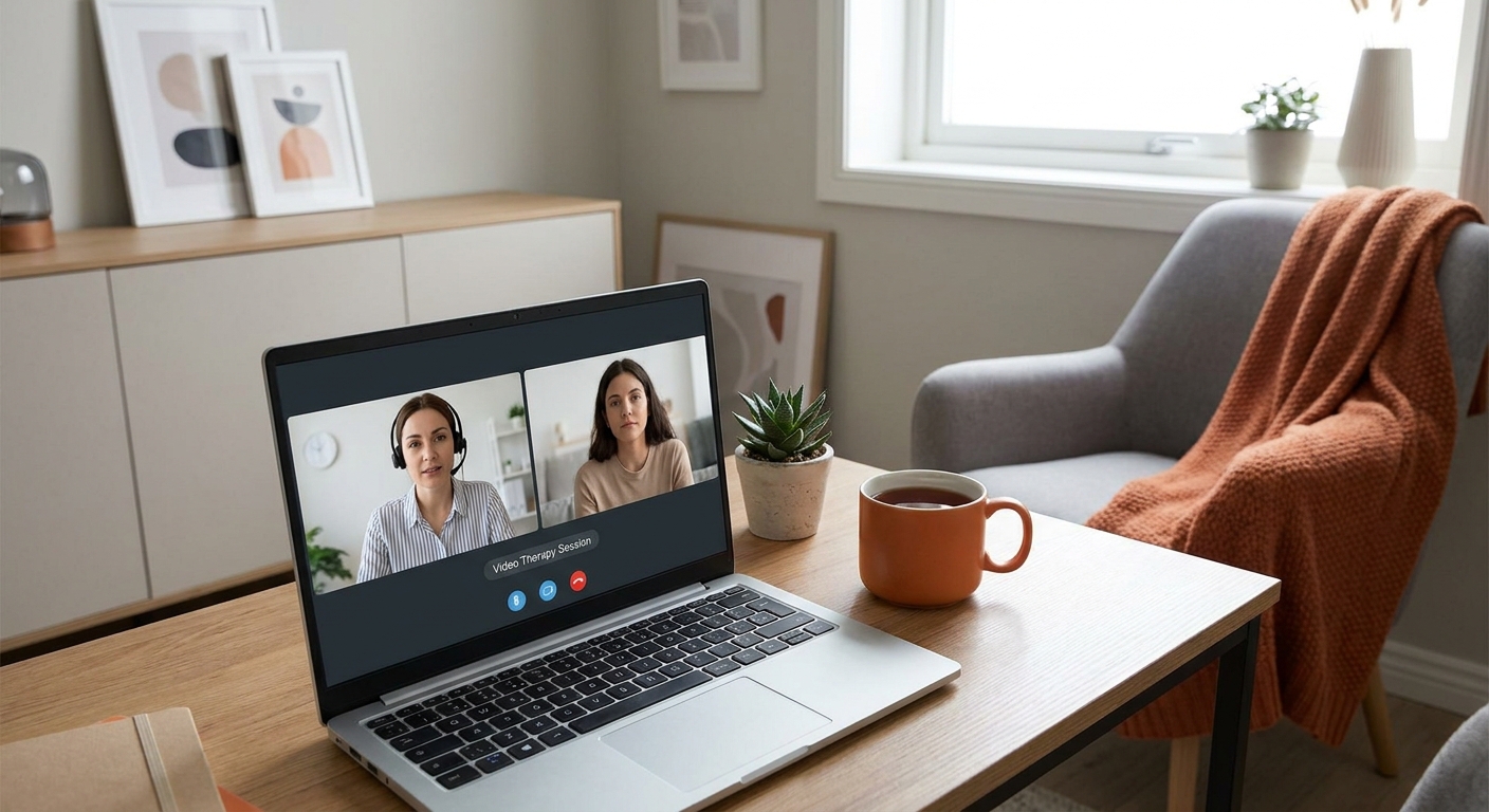 A calm, modern home office with a laptop displaying a video therapy session, a cup of tea nearby. Alt: first online therapy session for panic attacks