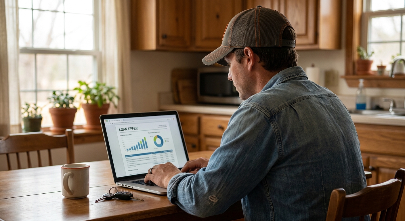 A photorealistic scene of a Texas driver sitting at a kitchen table with a laptop open, car keys beside them, reviewing a loan offer on screen. Warm interior lighting, natural and relaxed atmosphere. Alt: Texas borrower applying for an online car title loan at home.