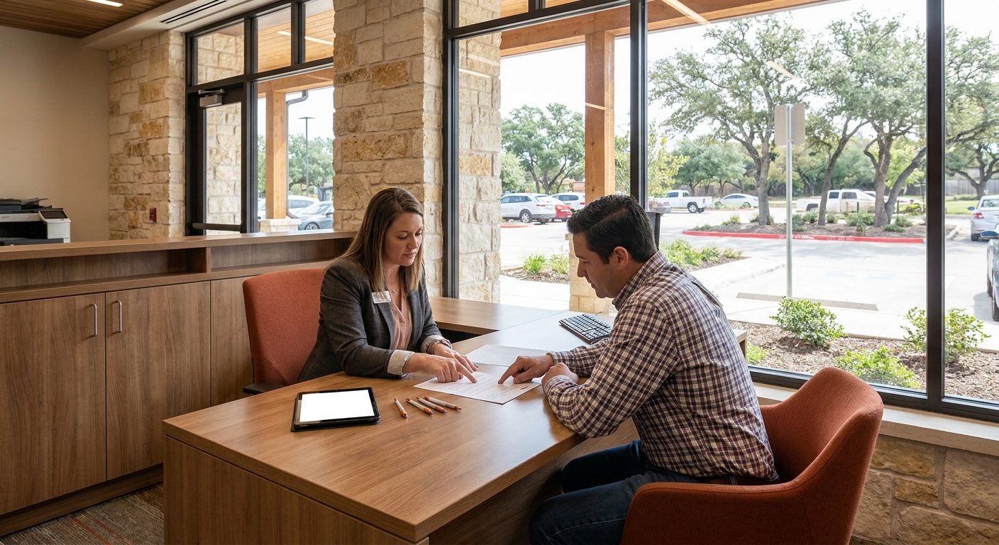 A photorealistic interior of a modern credit union branch in Texas, with a loan officer and a member seated across a desk reviewing paperwork together. Bright, professional setting with warm tones. Alt: Credit union loan officer helping a Texas member with a title loan application.