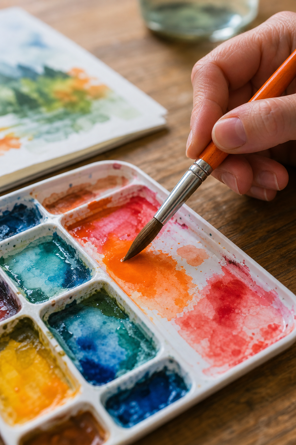A close-up photo of a hand holding a round watercolor brush over a palette with vibrant paint puddles on a wooden table. Alt: Hand holding a watercolor brush over a palette.