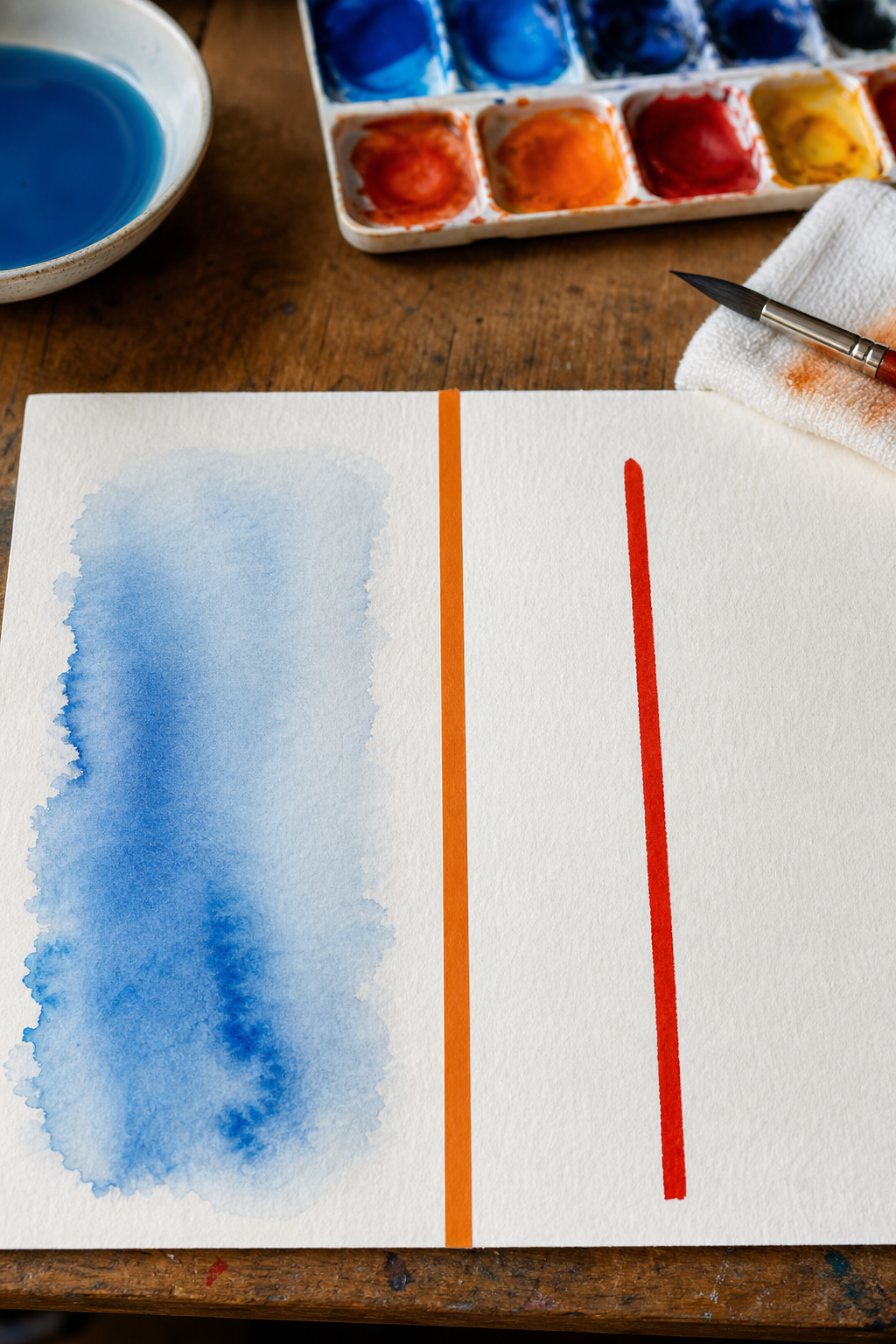 A side-by-side comparison of a soft blue wash on wet paper and a sharp red line on dry paper. Alt: Wet-on-wet soft effect vs wet-on-dry sharp effect.