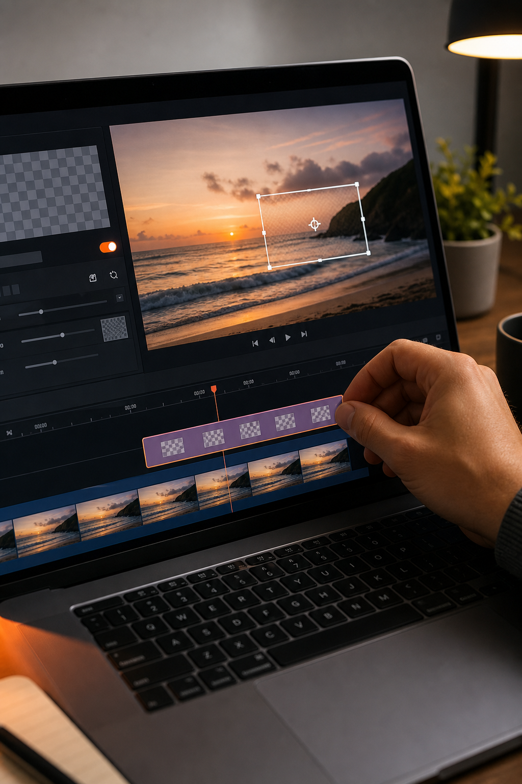 A close-up of a creator's hand adding a watermark to a video editing timeline on a laptop, with the watermark clearly visible as a logo or username. Alt: Adding a watermark to subscription content for copyright protection.