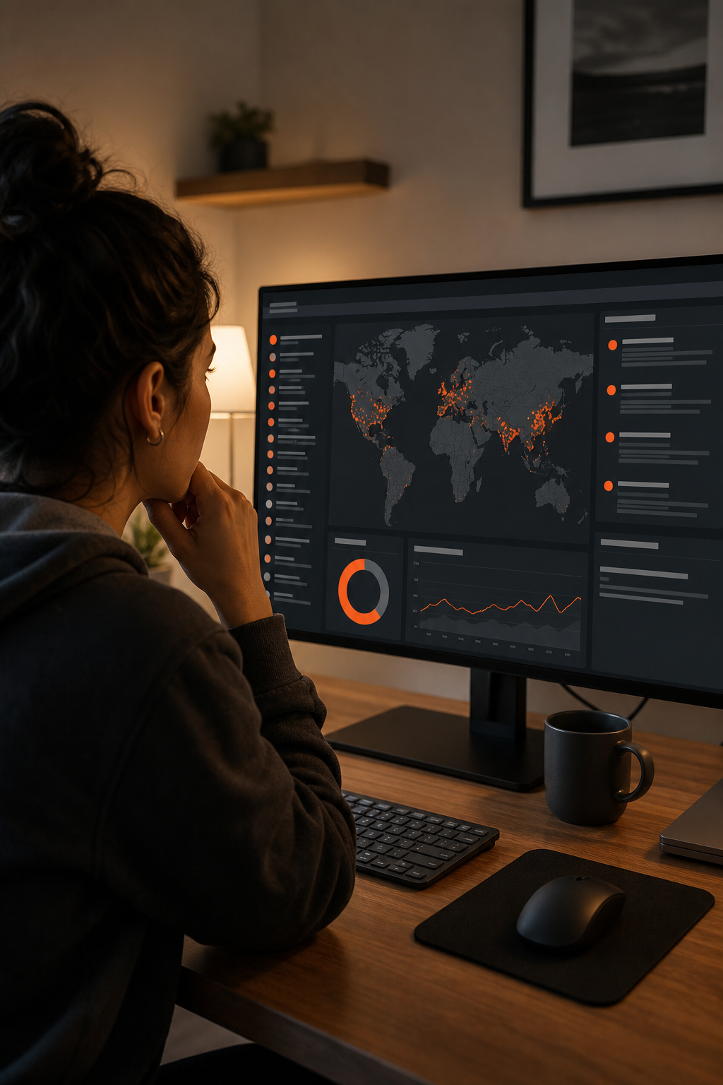 A creator checking a dashboard that shows flagged leaks from various platforms, with a map of the web and alerts. Alt: Monitoring dashboard for subscription content leaks.