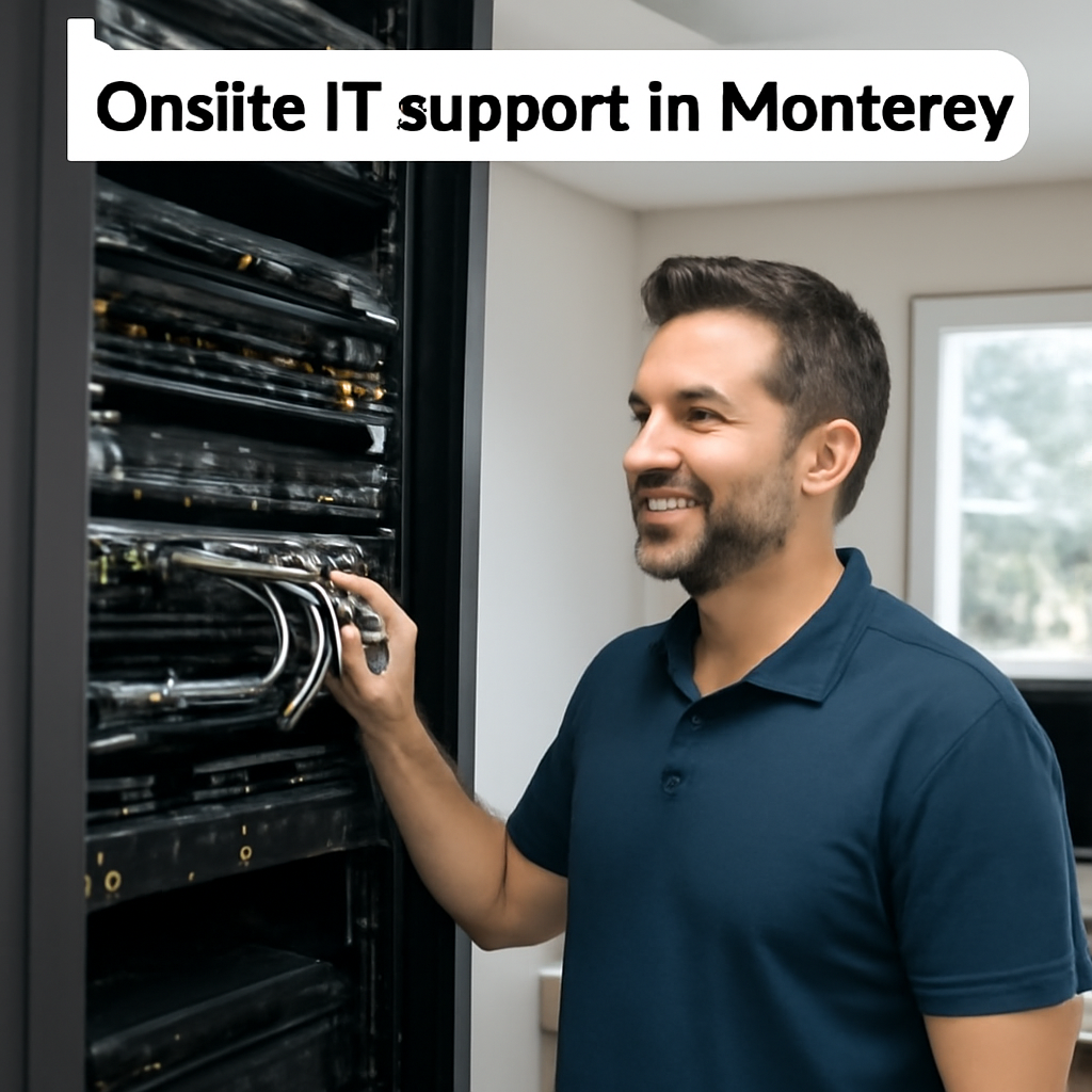 A friendly local technician reviewing a server rack in a Monterey small‑business office. Alt: Onsite IT support Monterey local technician assessing hardware.